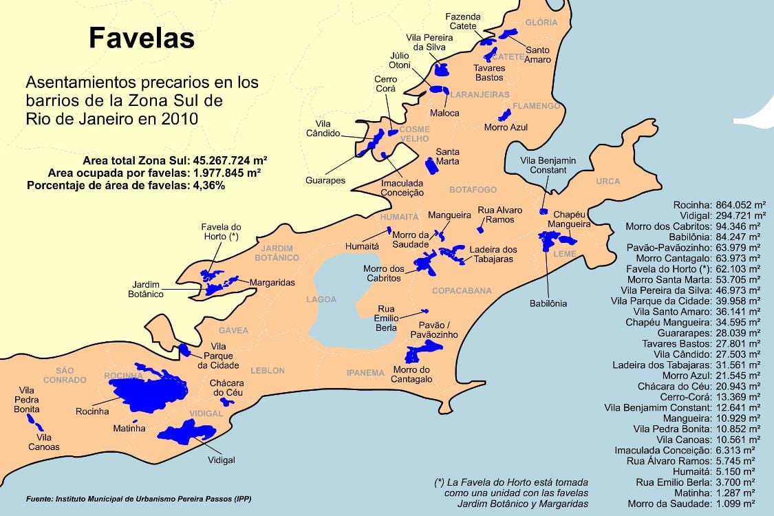 Kartta favelas Etelä zone of Rio de Janeiro